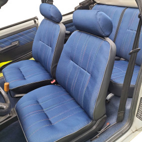 Garnitures siège avant et arrière en Skaï gris et tissu Jean 205 CJ avec coutures multicolores