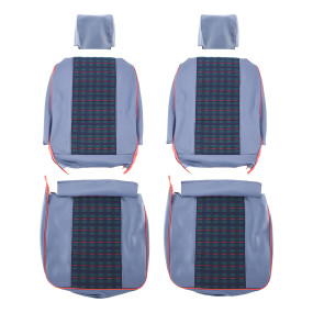 Export model front seat and rear bench trim in imitation leather and blue tartan fabric for "Renault 4L GTL le Clan"