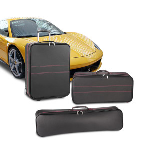 Bagagli (valigie) su misura per Ferrari 458 Italia - set di 3 valigie per baule anteriore in pelle nera con cuciture fucsia