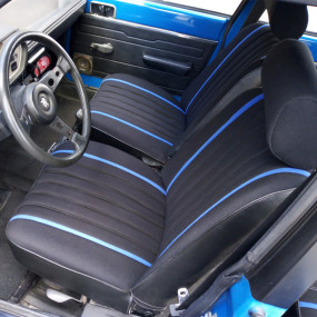 Garnitures sièges avant / banquette arrière Peugeot 104 S, ZS Rallye en velours côtelé noir bandes bleues et simili noir